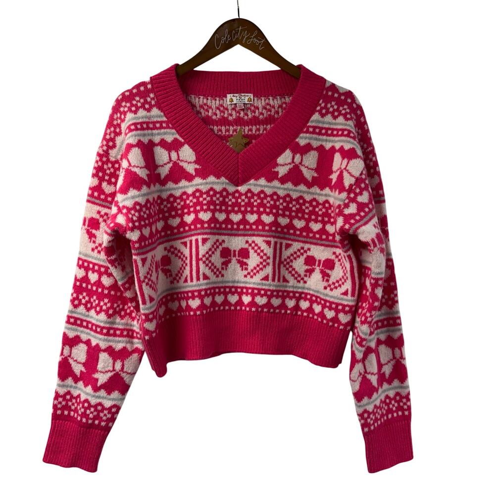Not So Ugly Christmas Sweater Hot Pink V Neck Poof Medium